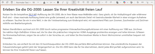 Nachher – Beispiel für die Verwendung von "Ton anpassen" mit Copilot im SharePoint-Rich-Text-Editor