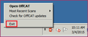 Right-click the OffCAT icon in the notification area, and then click Exit.