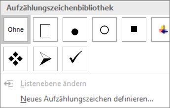 Screenshot der Optionen für Aufzählungszeichenformate