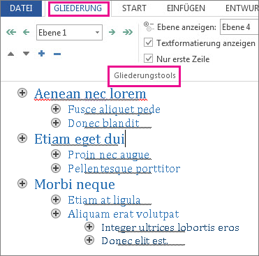 Abbildung einiger Gliederungstools im Menü 'Gliederung' mit Beispielgliederung in einem 'lorem ipsum'-Text
