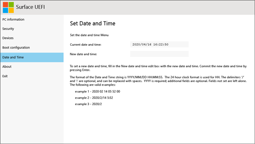 Der Bildschirm mit Datum und Uhrzeit für Surface UEFI