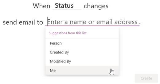 Bildschirmausschnitt der Fertigstellung einer Regel, die Sie benachrichtigt, wenn sich die Spalte „Status“ ändert.