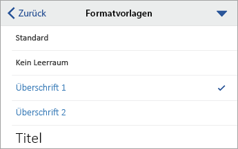 Das Dialogfeld Formatvorlagen, in dem Überschrift 1 ausgewählt ist.