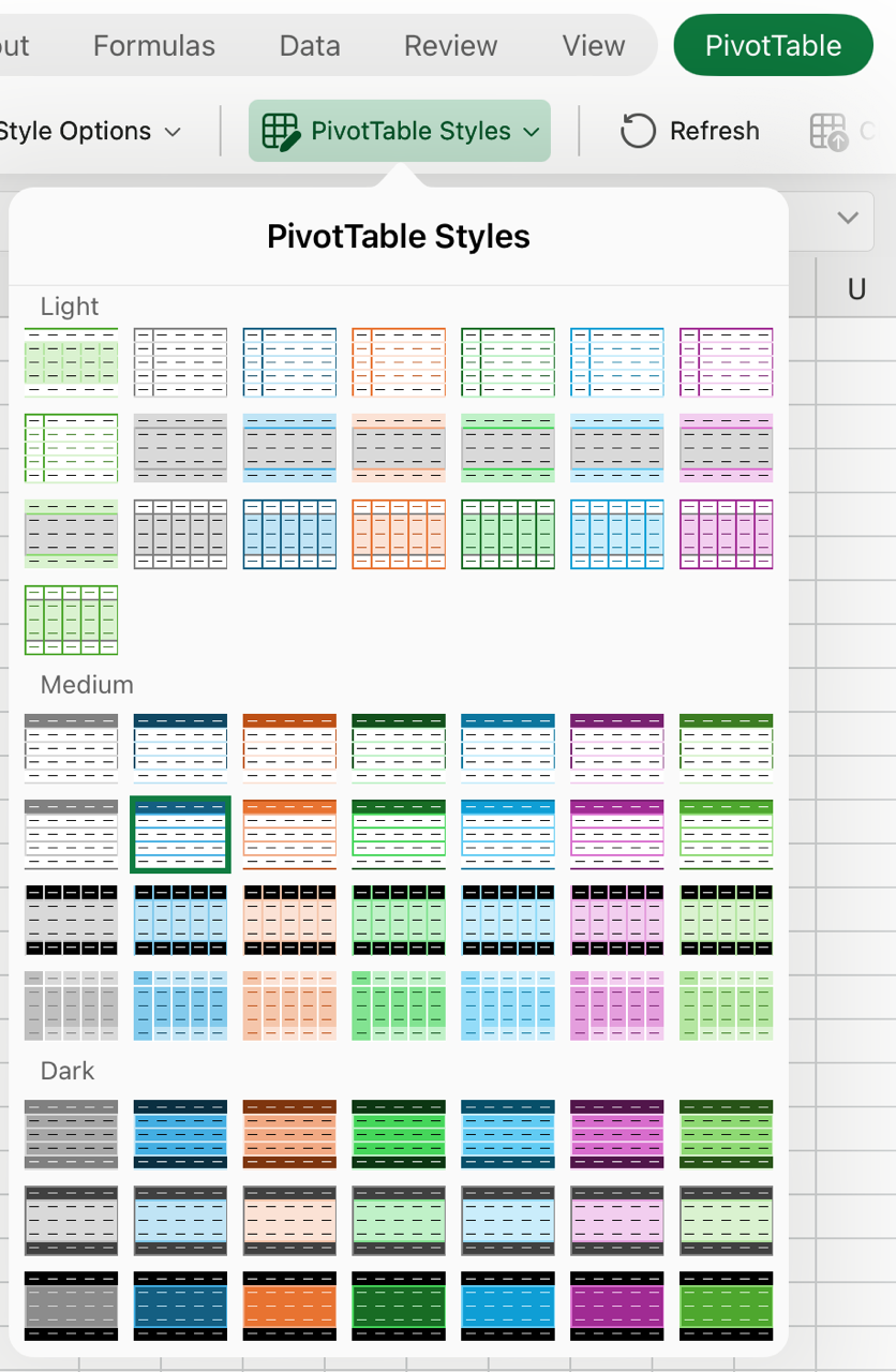 Katalog mit PivotTables-Formatvorlagen auf dem iPad