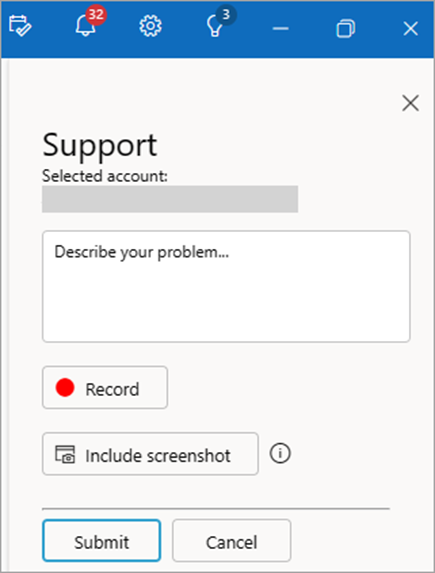 Screenshot des Bereichs "Support kontaktieren" mit bereich zum Bereitstellen einer Problembeschreibung