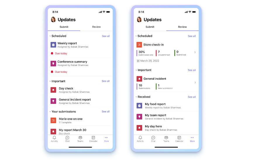 Updates-App in Microsoft Teams auf einem mobilen Gerät