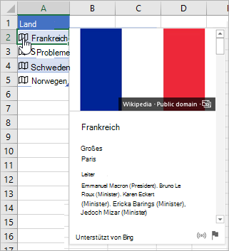 Zelle mit verknüpftem Datensatz für "Frankreich"; Cursor, der auf das Symbol klickt; Karte wird angezeigt