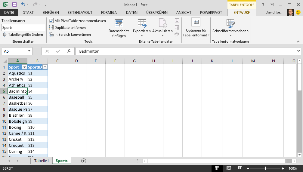Eine Tabelle in Excel benennen