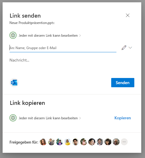 Screenshot der Seite "Link Einstellungen im Popupfenster "Freigeben" in OneDrive