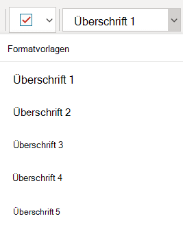 Das Menü Formatvorlagen mit verschiedenen Überschriftenformatvorlagen in OneNote für Windows 10.