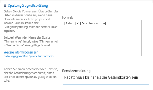 Dialogfeld "Spaltengültigkeitsprüfung" mit Feldern, die mit Beispieldaten ausgefüllt sind