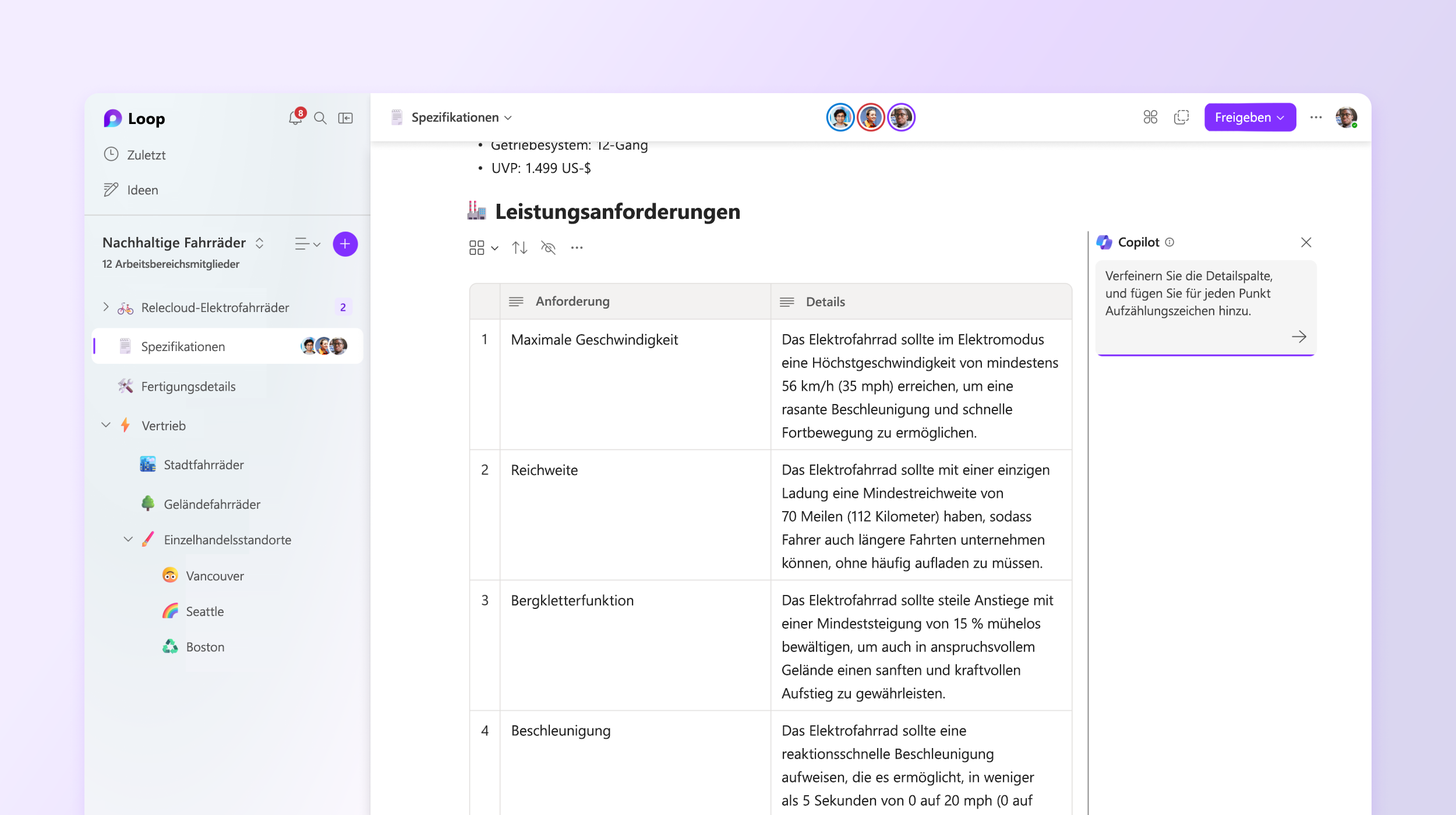 Screenshot: Copilot in Loop beim Bearbeiten der Details