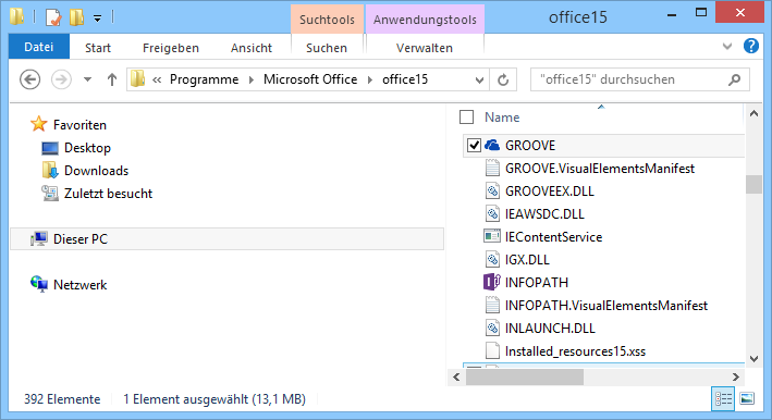 Suchen nach "Groove.exe" in Windows