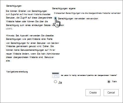 Dialogfeld zum Hinzufügen eines Unternehmenswikis mit "Eigene Berechtigungen verwenden" hervorgehoben