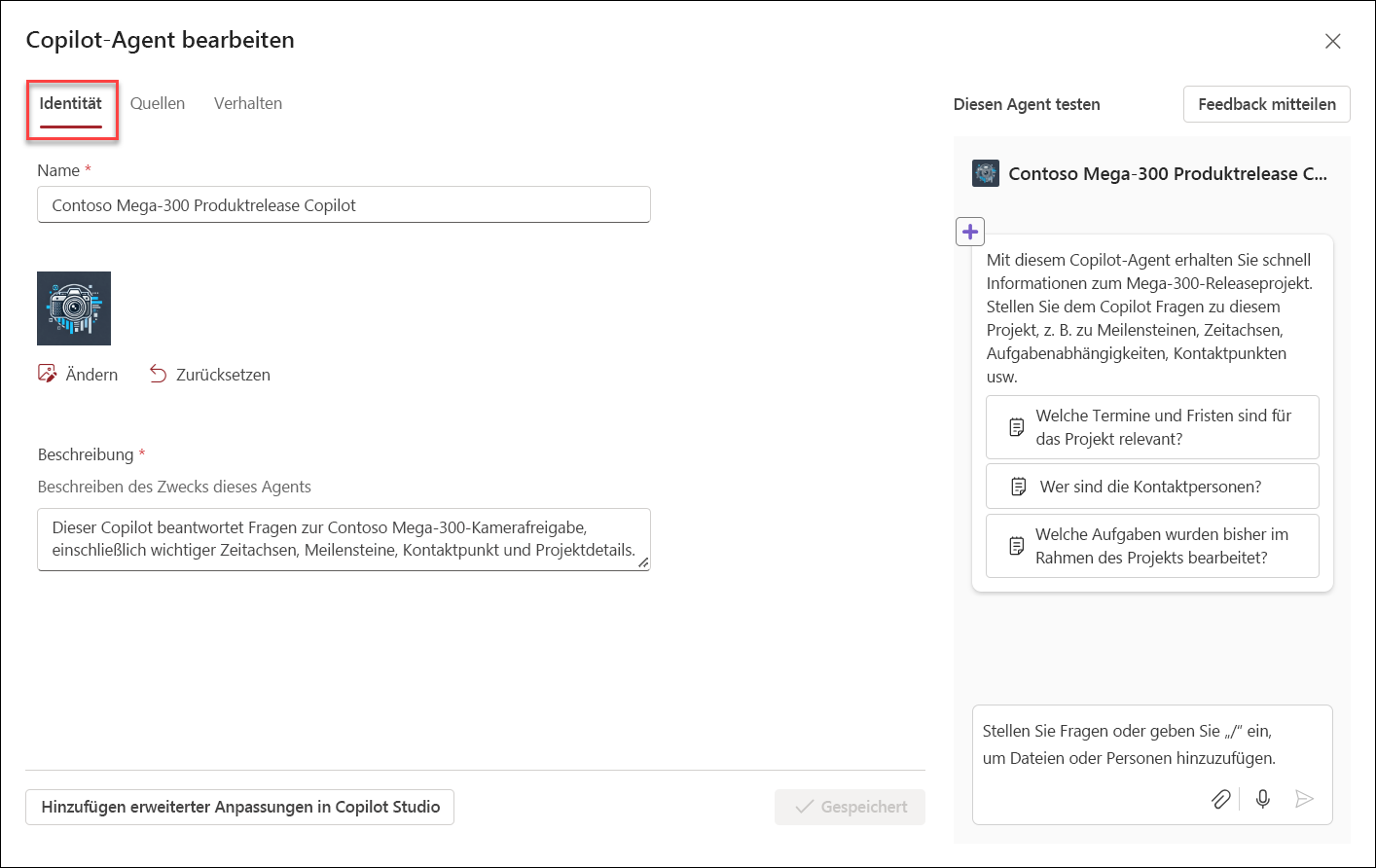 Screenshot der Starterbenutzeroberfläche zum Bearbeiten eines Copilot-Agents