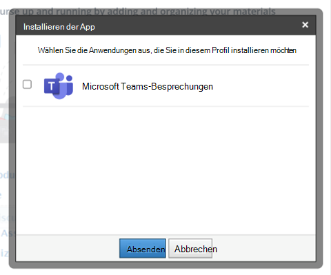 Screenshot des Schoology-Kurses mit hervorhebung des modalen Installations-App-Modus mit der Option "Microsoft Teams-Besprechungen".