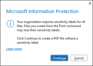 Microsoft Info Protection-Fenster "PDF erstellen"