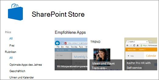 Ansicht der SharePoint Store app-Auswahl