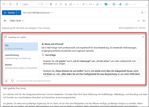 Copilot-Vorschläge für Ton, Klarheit und Leserstimmung in Outlook für Mobilgeräte