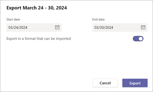Screenshot der Exportoption für Schichtzeitplandaten in einem Format, das importiert werden kann.