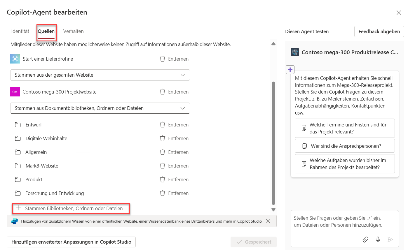Der Screenshot vom Hinzufügen von Wissensressourcen zum Copilot-Agent
