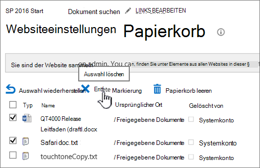 Seite für SharePoint 2016-Papierkorb mit Hervorhebung der Schaltfläche "Löschen"