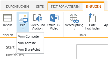 Screenshot des SharePoint Online-Menübands. Wählen Sie die Registerkarte Einfügen aus, und wählen Sie dann Bild aus, um auszuwählen, ob eine Datei von Ihrem Computer, von einer Webadresse oder von einem SharePoint-Speicherort hochgeladen werden soll.