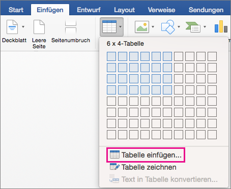 Insert Table is highlighted to create a custom table