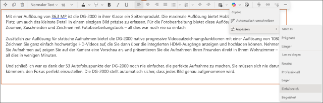 Beispiel für das Ändern des Tonfalls von vorgeschlagenem Text in Copilot in SharePoint – vorher