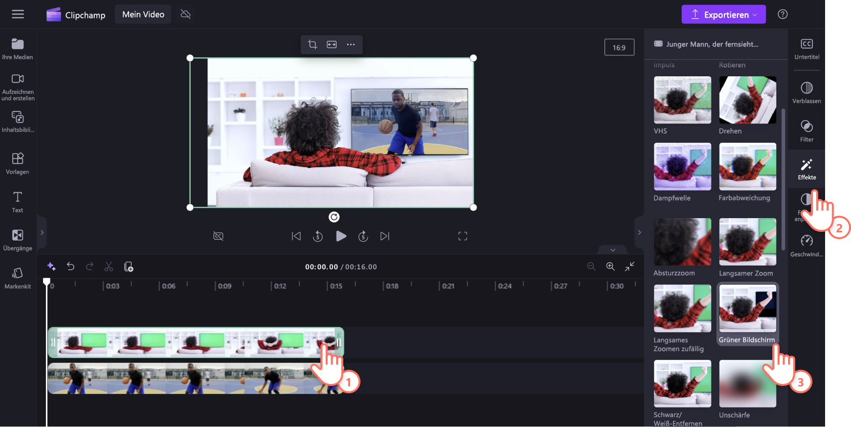 Ein Bild eines Clipchamp-Benutzers, der den Grün-Filter-Effekt auf der Registerkarte Effekte auswählt.