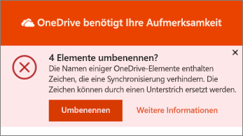 Screenshot der Benachrichtigung "Umbenennen" in der OneDrive-Desktopsynchronisierungs-App