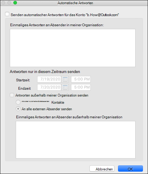 Das Menü "automatische Antwort" in Outlook für Mac.
