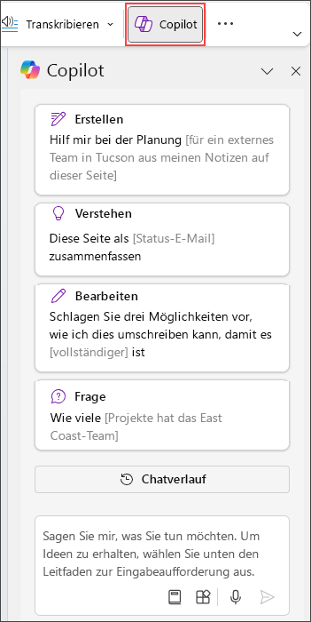 Copilot-Bereich in OneNote rechts auf der Seite.