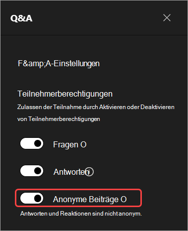 Screenshot: Hervorhebung der Benutzeroberfläche zum Ausblenden von Teilnehmernamen in Q&A