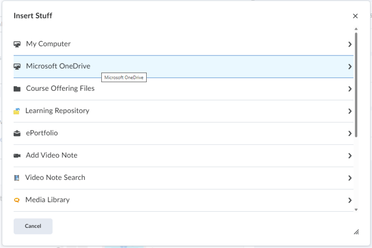 Betten Sie eine OneDrive-Datei im Brightspace-Editor ein, indem Sie das Menü Einfügen von Inhalten verwenden.