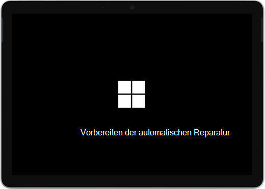 Ein schwarzer Bildschirm mit dem Windows-Logo und dem Text "Automatische Reparatur wird vorbereitet".
