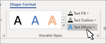 Schaltfläche 'WordArt-Formatvorlagen' 'Texteffekte' hervorgehoben