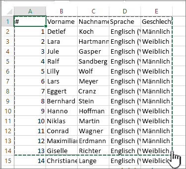 Excel-Kalkulationstabelle mit hervorgehobenem Bereich