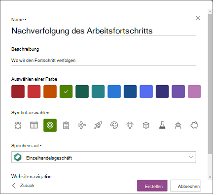 Screenshot: Eingeben eines Listennamens und Auswählen einer SharePoint-Website als Speicherort zum Speichern einer Liste beim Erstellen einer Liste