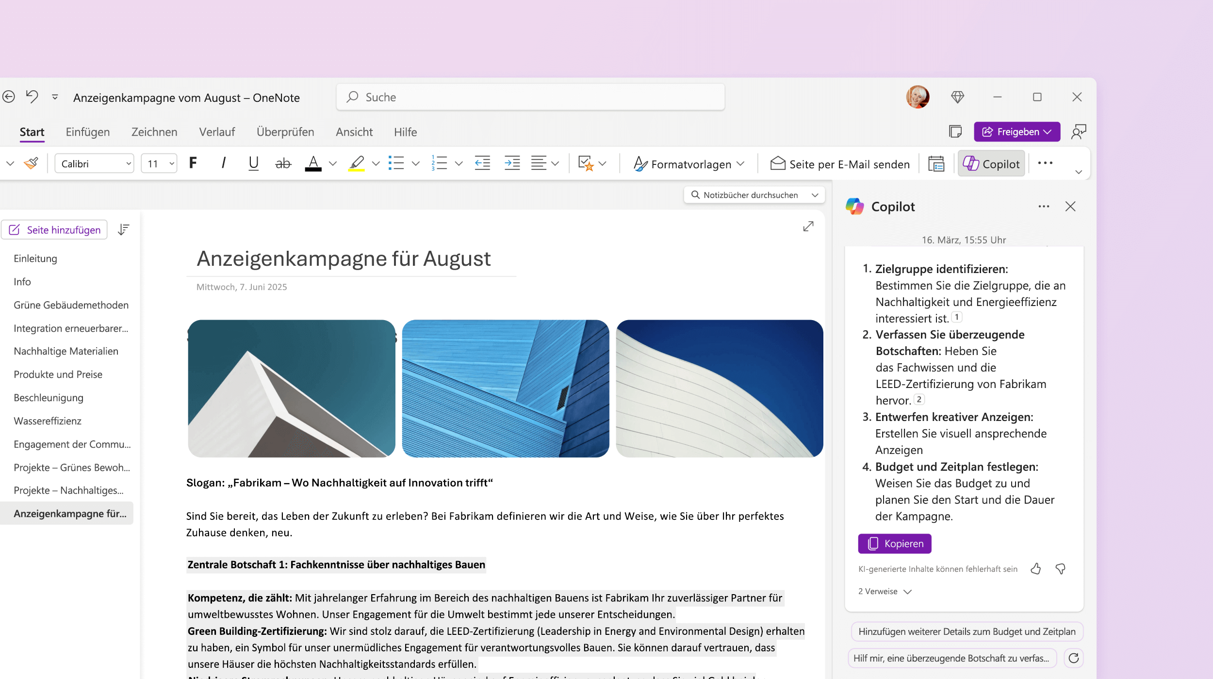 Screenshot: Copilot in OneNote erstellt eine Aufgabenliste.