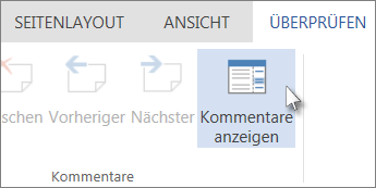 Abbildung des Befehls 'Kommentare anzeigen' unter der Registerkarte 'Kommentare' in der Leseansicht von Word Web App