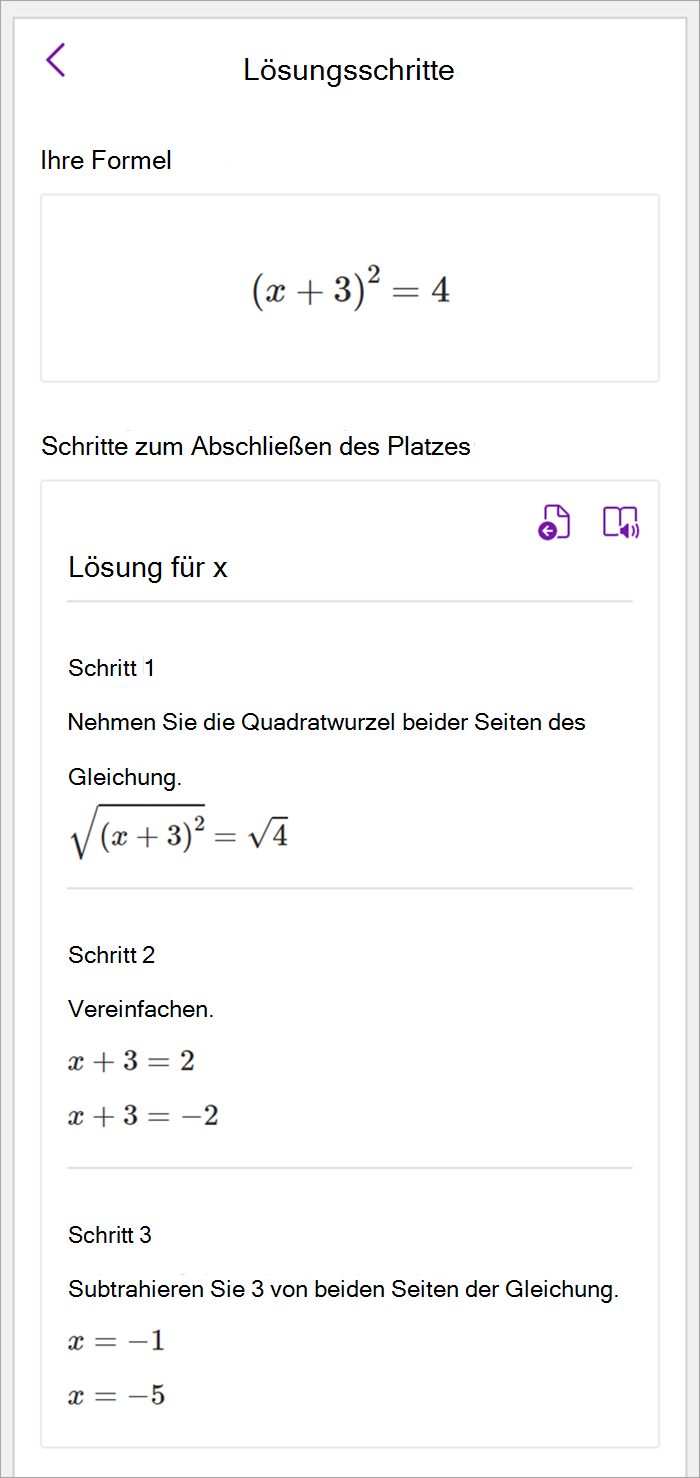 Screenshot des Bereichs "Mathematik" im OneNote-Desktop. Lösungsschritte für die Verwendung der Vervollständigen der quadratischen Methode, die für x gelöst werden soll, werden angezeigt.