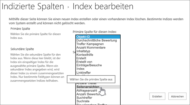 Seite "Index bearbeiten" mit ausgewählter Spalte im Dropdownfeld