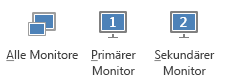 Bildschirmfoto der Registerkarte 'Präsentieren' mit Anzeige von primärem und sekundärem Monitor sowie allen Monitoren