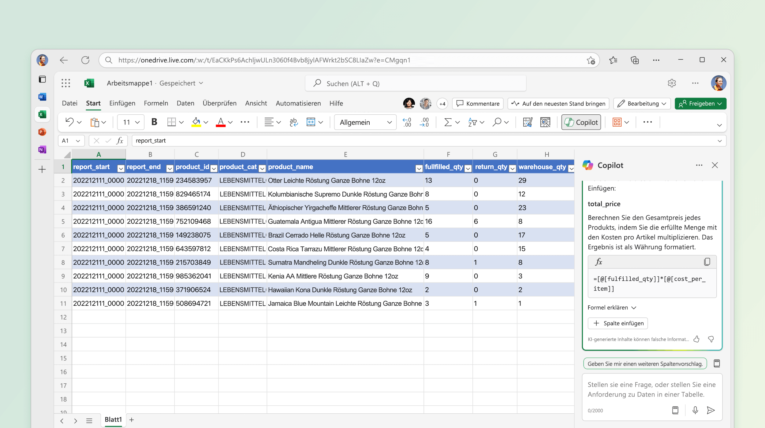 Der Screenshot zeigt, wie Copilot in Excel eine Formel zur Berechnung vorschlägt.