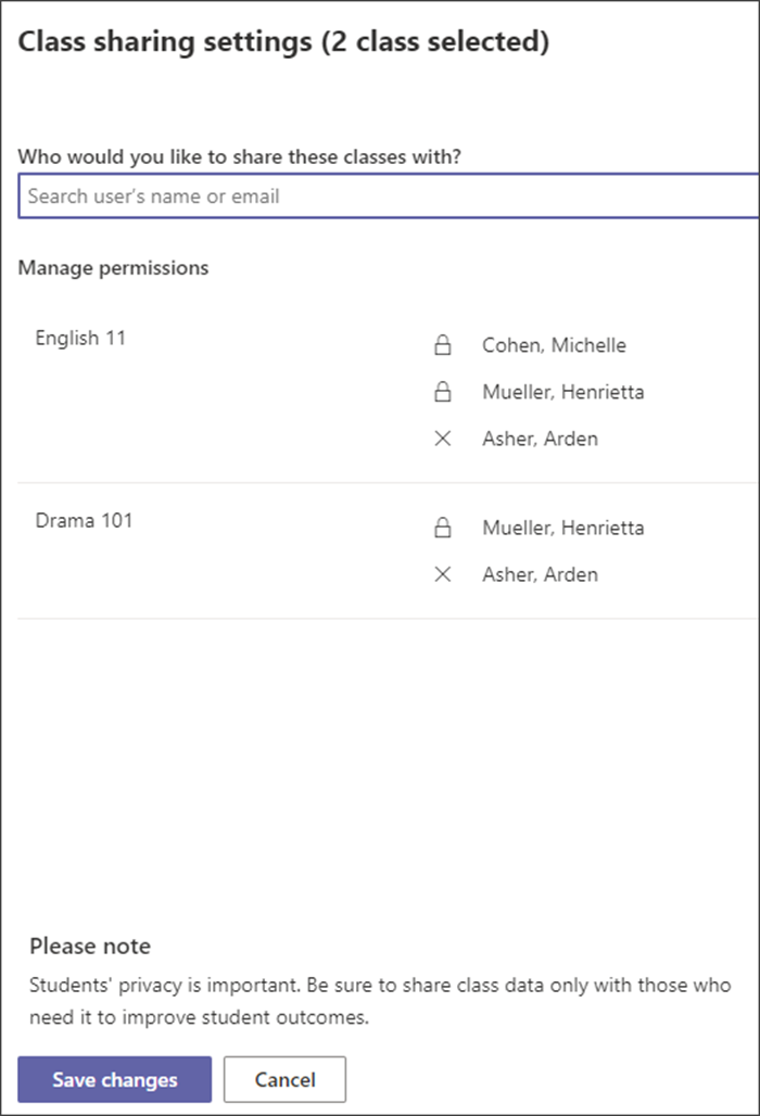 Screenshot des Bereichs zum Verwalten der Klassenfreigabe. 2 Klassen sind mit zugeordneten Lehrern aufgeführt. Eine Suchleiste ist verfügbar, um weitere Lehrer hinzuzufügen.