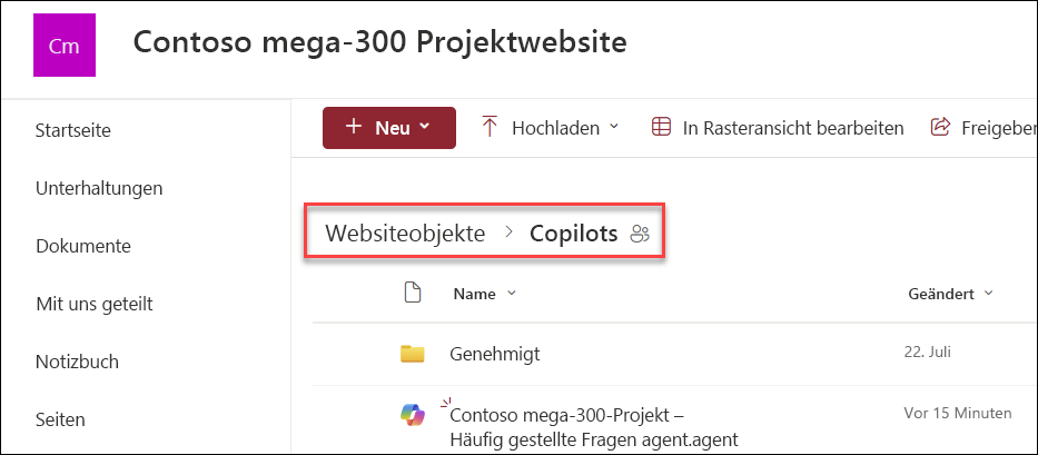 Screenshot vom Speicherort der Copilot-Agents, wenn diese von der Startseite aus erstellt werden