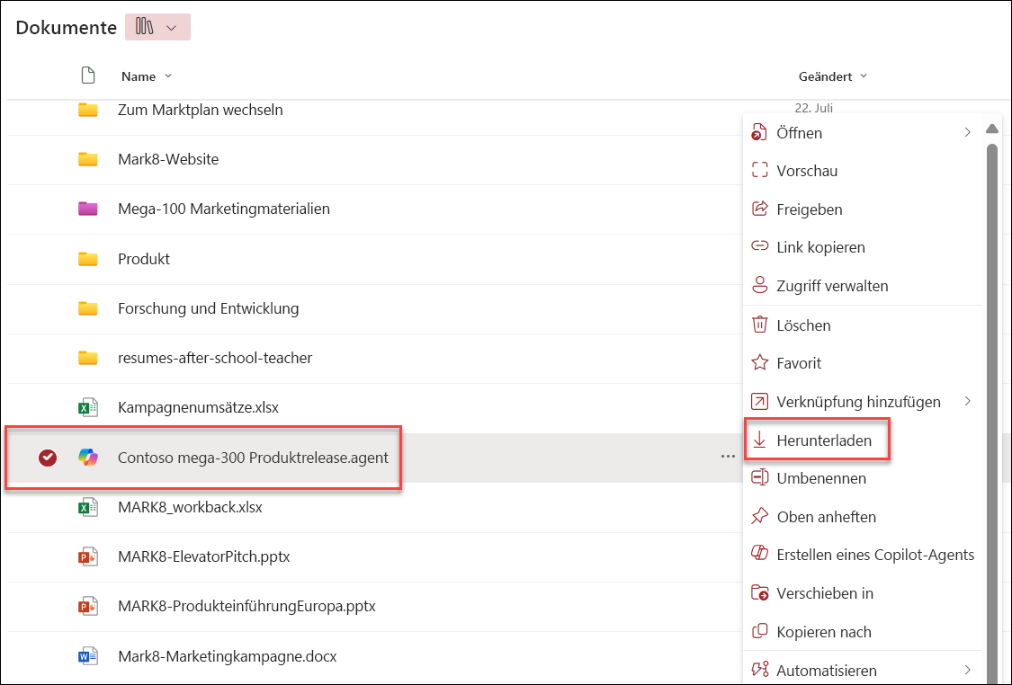 Screenshot vom Herunterladen eines Copilot-Agents