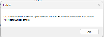 Screenshot der Fehlermeldung "Die erforderliche Datei PageLayout.dll nicht gefunden"