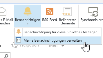 SharePoint 2016 mit hervorgehobener Schaltfläche zum Verwalten von Benachrichtigungen